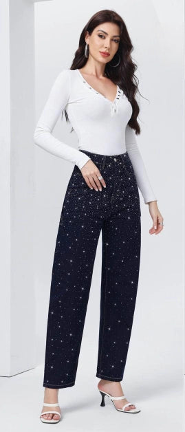 Jeans Straight a Vita Alta con Strass