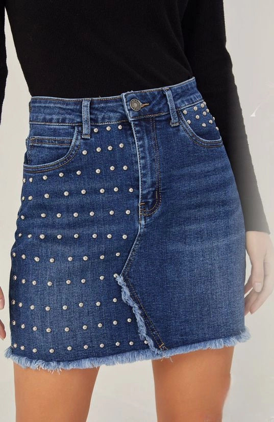 Mini Gonna Denim con Decorazioni Metalliche