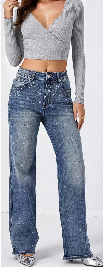 Jeans Wide Leg Blu con Applicazioni Brillanti