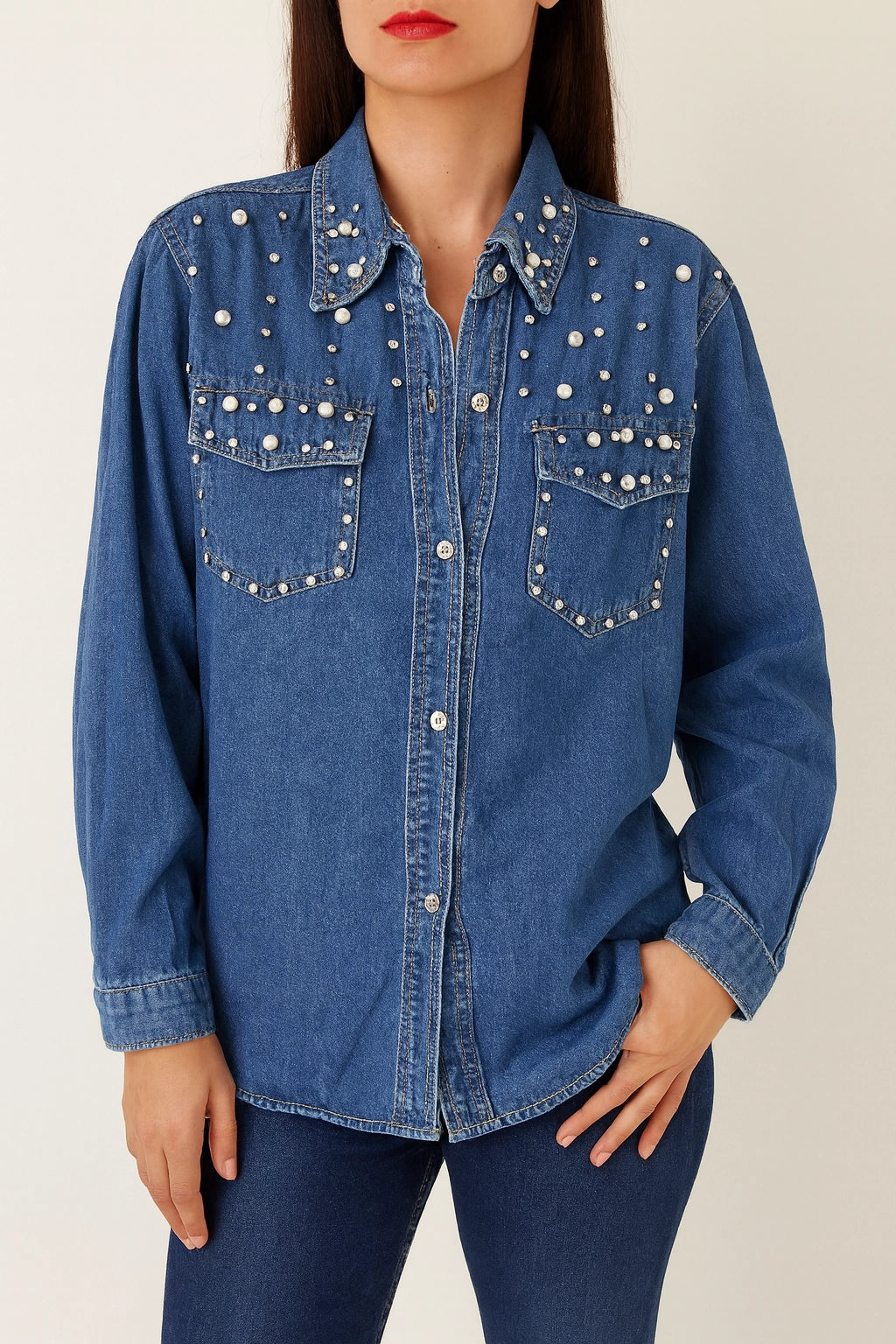 Camicia Denim con Perle - Stile Vintage Elegante