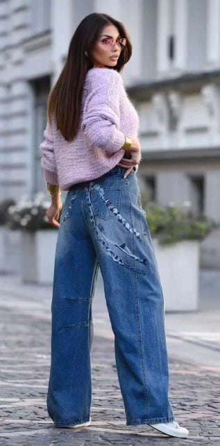 Jeans Wide Leg Artistici con Decorazioni Dipinte a Mano