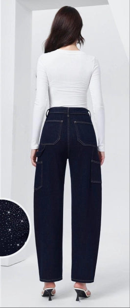 Jeans Straight a Vita Alta con Strass