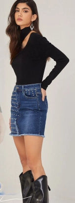 Mini Gonna Denim con Decorazioni Metalliche