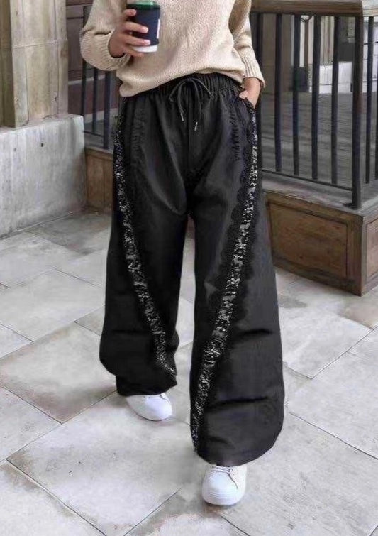 Pantalone Wide Leg Nero con Bande in Pizzo Laterali