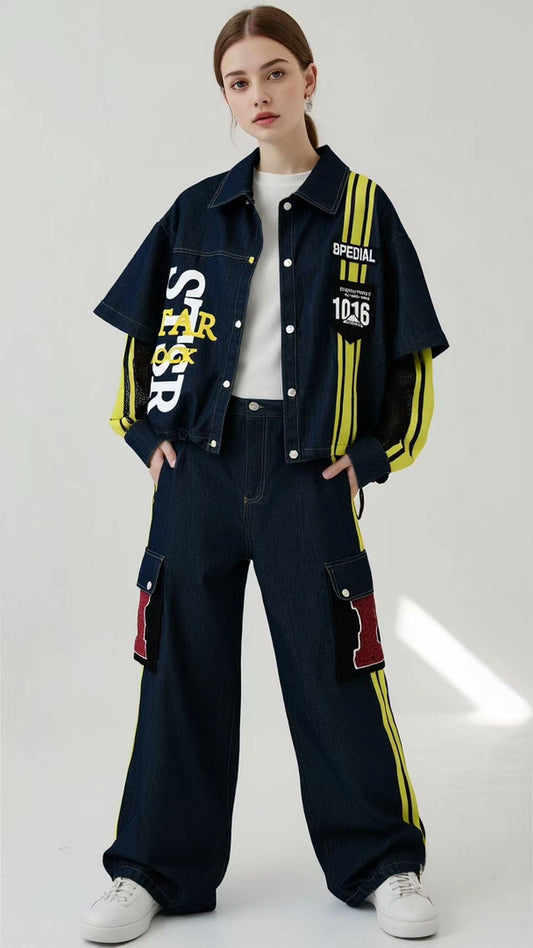 Coordinato Denim Streetwear con Dettagli Gialli