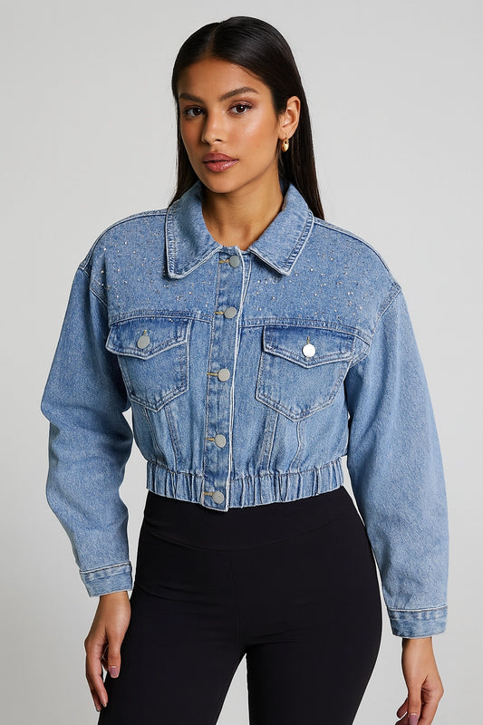 Giubbotto Jeans Cropped con Strass