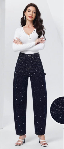 Jeans Straight a Vita Alta con Strass