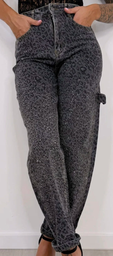 Jeans Glitter Leopard Effetto Strass