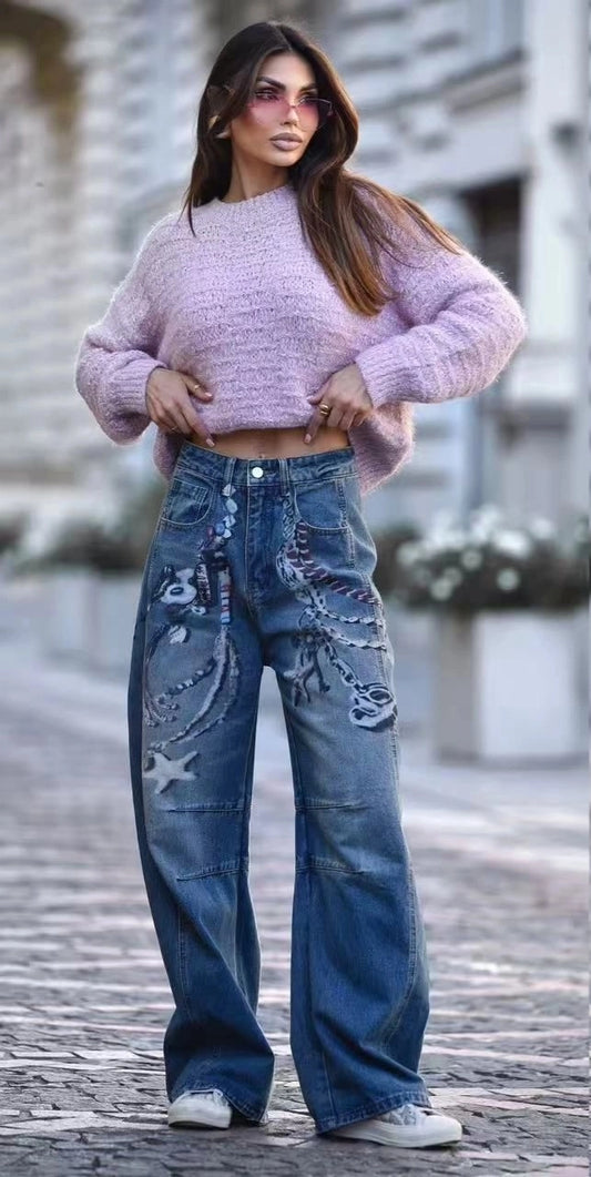 Jeans Wide Leg Artistici con Decorazioni Dipinte a Mano