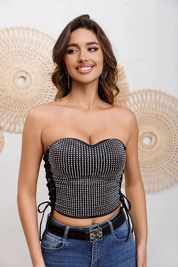 Top Bustier Nero con Borchie e Lacci Laterali