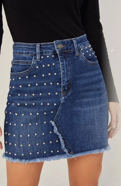 Mini Gonna Denim con Decorazioni Metalliche